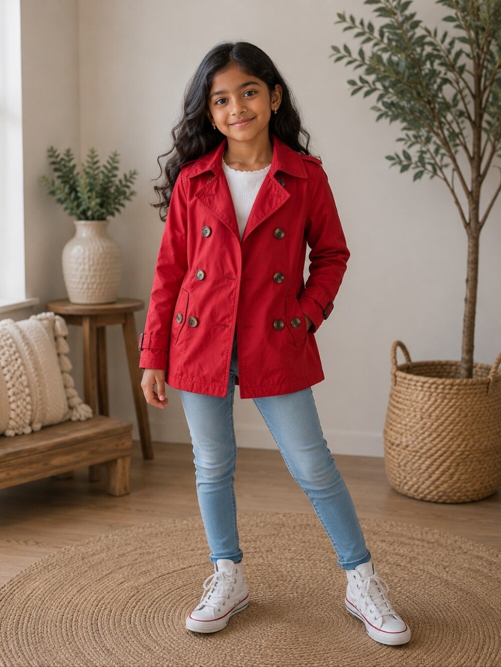 Zara Kids Red Trench Coat Jacket Plaid Lined Preppy Y2K 7/8